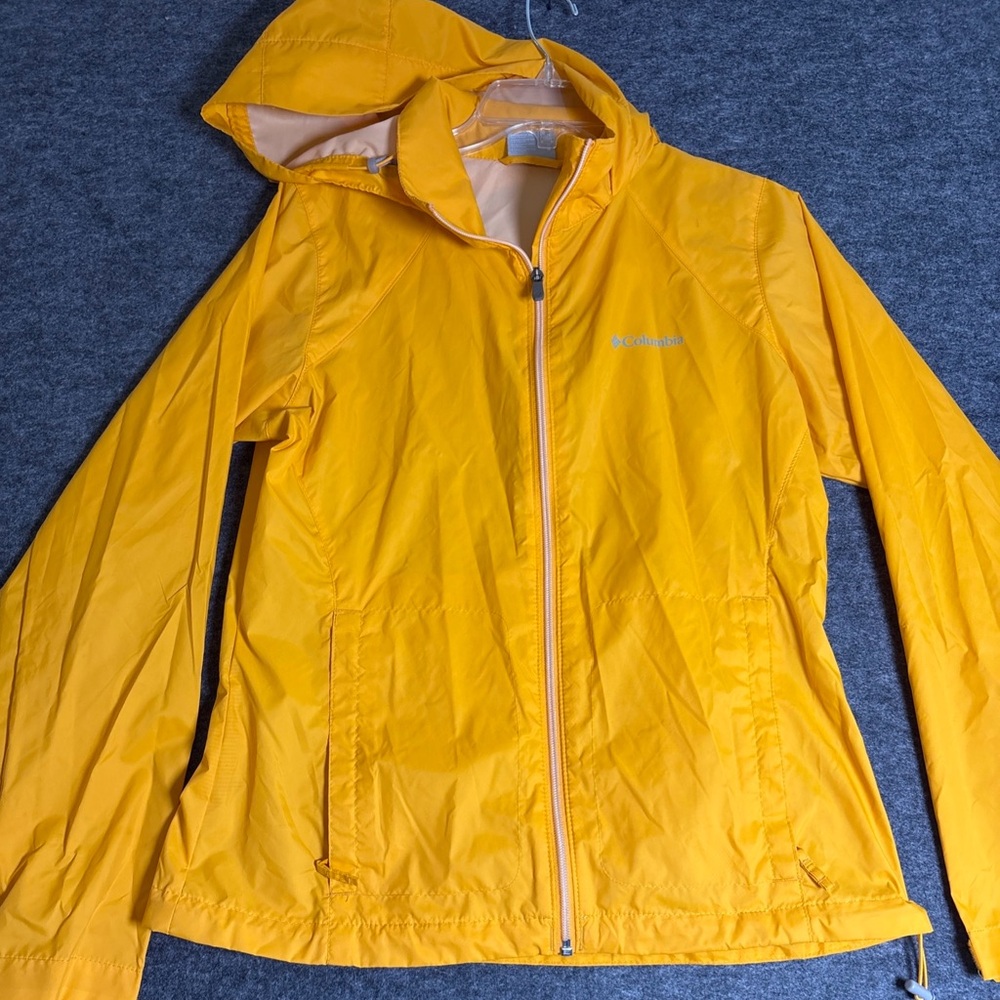 Columbia Woman’s Yellow Hooded Raincoat Jacket Waterproof Zip-Up Size Medium